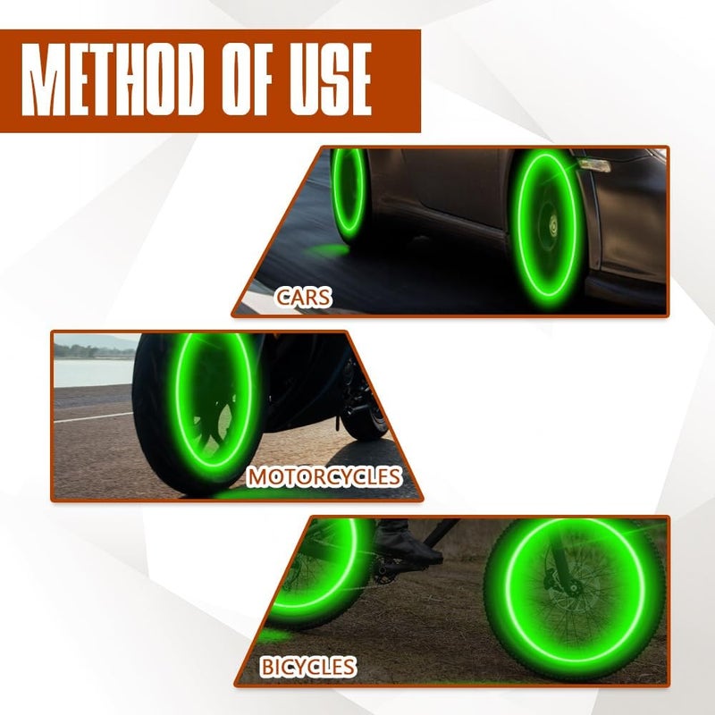 Lecctso 4PCS LED Tire Valve Cap Lights, Neon Spoke Flash Light Bulb Tire Valve Lights, Waterproof Wheel Tyre Valve Dust Cap, Cool Car Accessories Universal for Bike Motorcycle Truck (Green) - Image 5